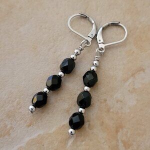 Black 6mm Czech Crystal Earrings Firepolished Stainless Steel Leverback Earwires